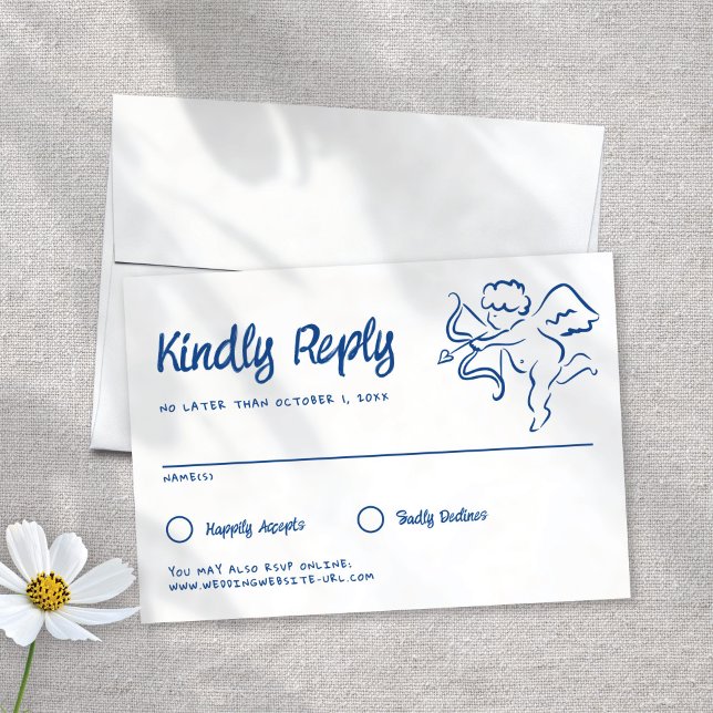 Whimsical Illustriert Blue Handmade Cupid Wedding RSVP Karte (Von Creator hochgeladen)
