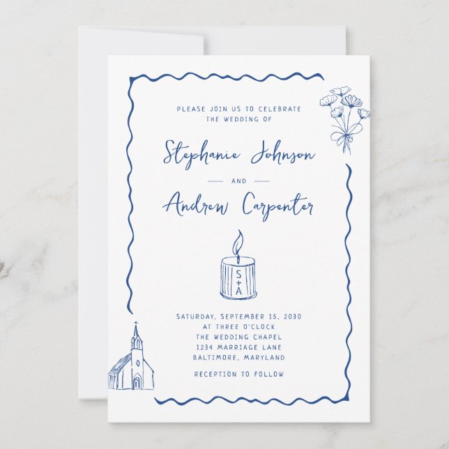 Whimsical Illustriert Cobalt Blue Wedding Einladung (Vorderseite)