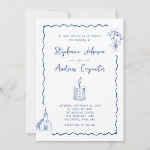 Whimsical Illustriert Cobalt Blue Wedding Einladung