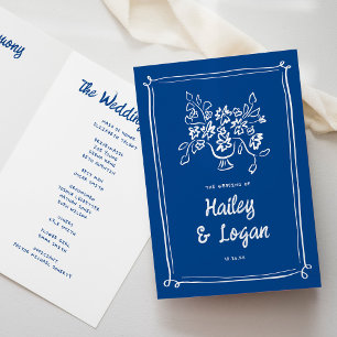 Whimsical Illustriert Modern Blue Wedding Zeremoni Programm
