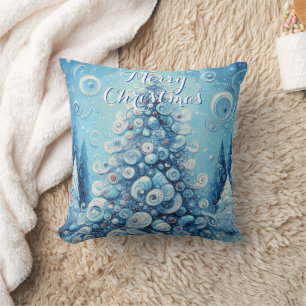 Whimsical Impressionistischer Weihnachtsbaum Blue Kissen