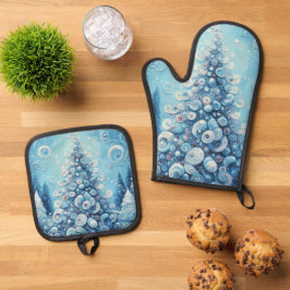 Whimsical Impressionistischer Weihnachtsbaum Blue Ofenhandschuh & Topflappen-Set