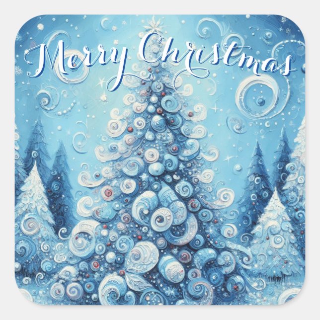 Whimsical Impressionistischer Weihnachtsbaum Blue Quadratischer Aufkleber (Vorderseite)