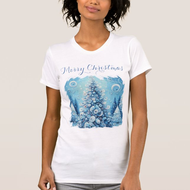 Whimsical Impressionistischer Weihnachtsbaum Blue T-Shirt (Vorderseite)