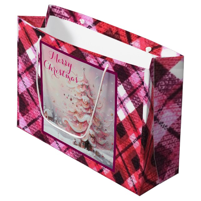 Whimsical Impressionistischer Weihnachtsbaum Pink Große Geschenktüte (Vorderseite Schrägansicht)