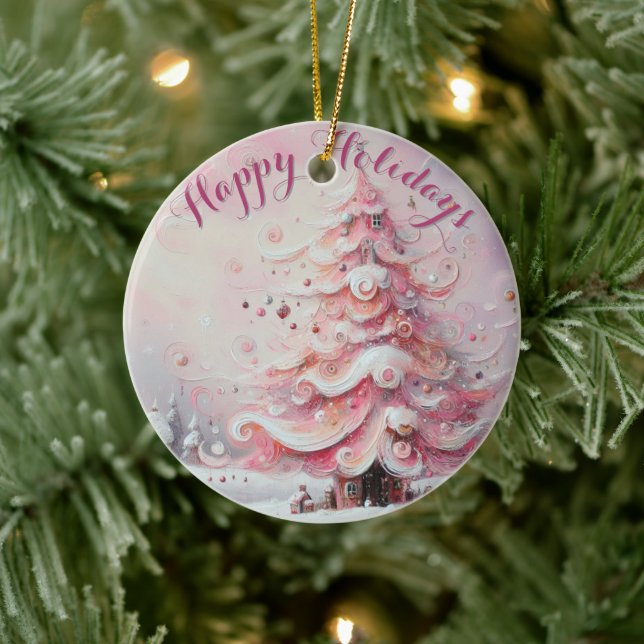 Whimsical Impressionistischer Weihnachtsbaum Pink Keramik Ornament (Baum)
