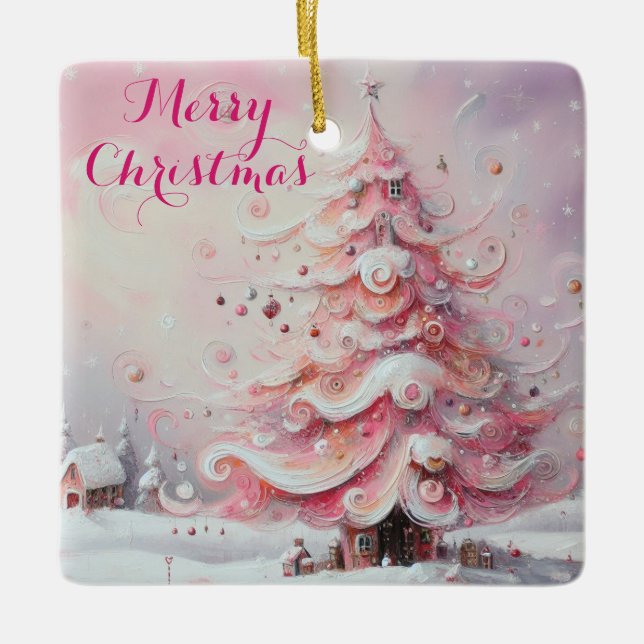 Whimsical Impressionistischer Weihnachtsbaum Pink Keramikornament (Vorderseite)