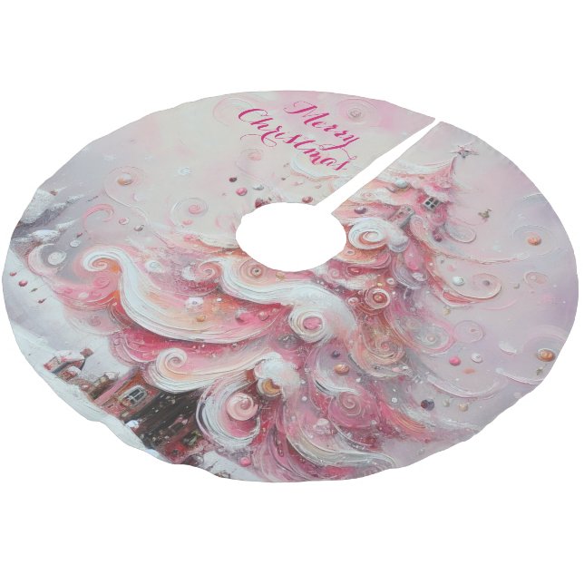 Whimsical Impressionistischer Weihnachtsbaum Pink Polyester Weihnachtsbaumdecke (Schrägansicht)