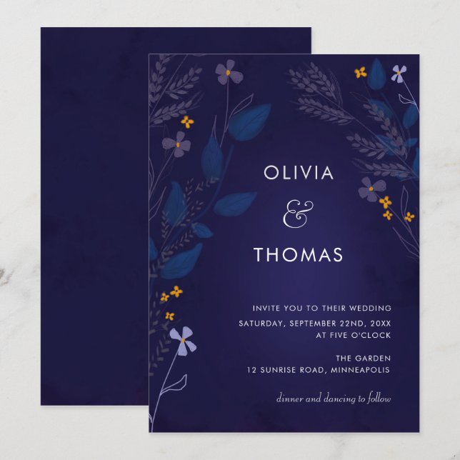 Whimsical Indigo Honey Illustration Flora Wedding Einladung (Vorne/Hinten)