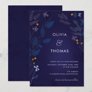 Whimsical Indigo Honey Illustration Flora Wedding Einladung