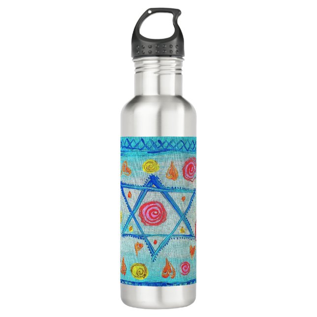 Whimsical israelische Flagge mit Blume & Herzen Edelstahlflasche (Vorderseite)