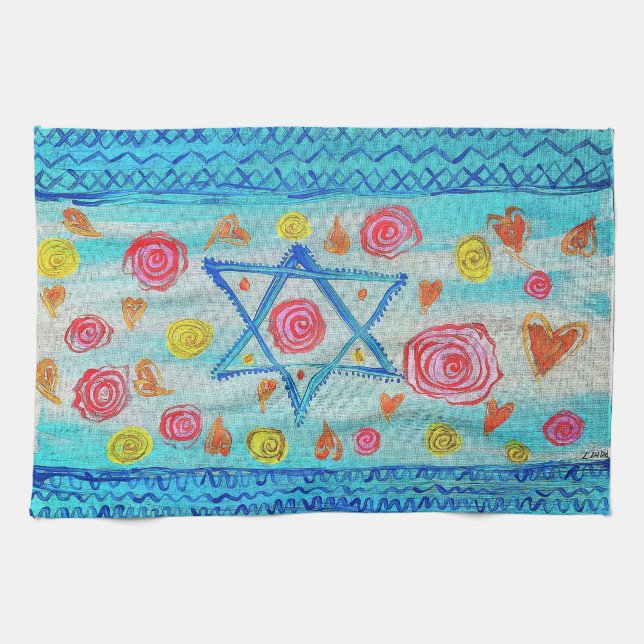 Whimsical israelische Flagge mit Blume & Herzen Geschirrtuch (Horizontal)