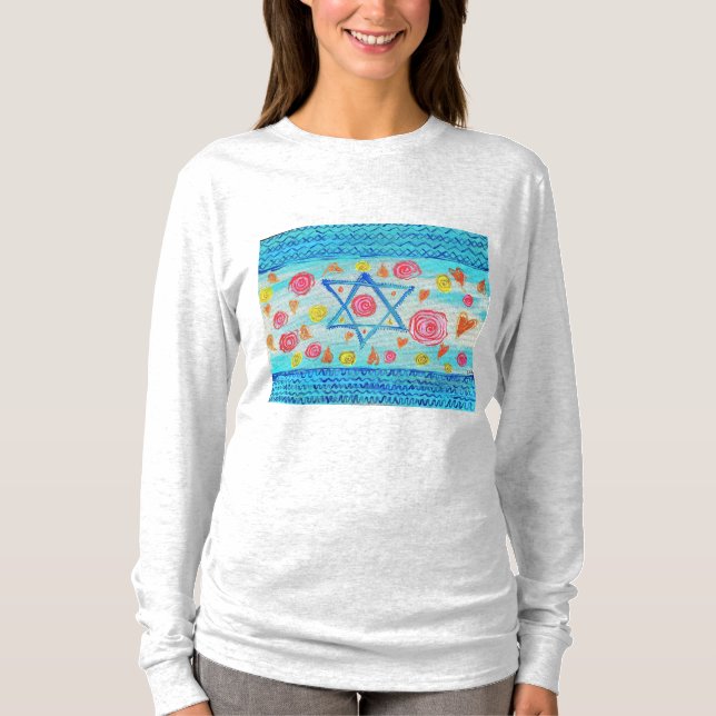 Whimsical israelische Flagge Shirt mit Blume & Her (Vorderseite)
