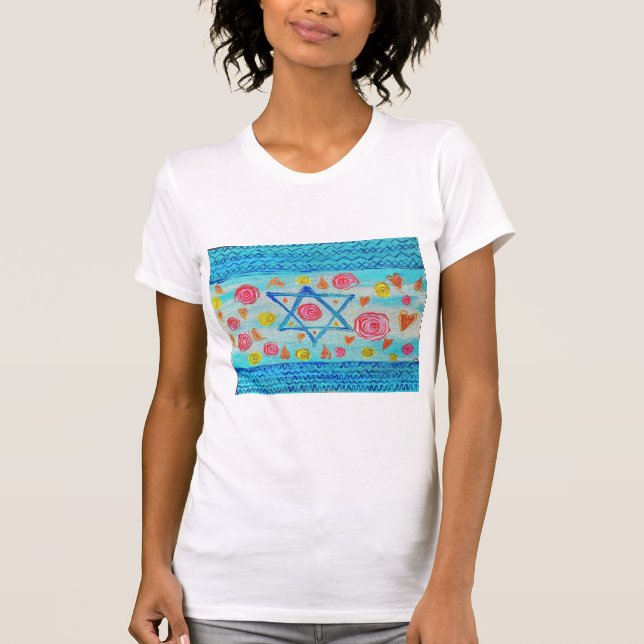 Whimsical israelische Flagge Shirt mit Blume & Her (Vorderseite)