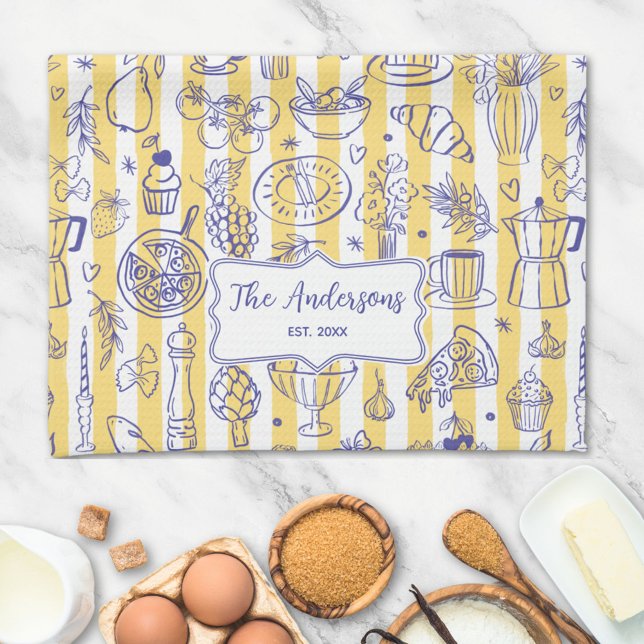 Whimsical Italian Food Illustration Yellow Stripes Geschirrtuch (In situ)