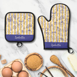 Whimsical Italian Food Illustration Yellow Stripes Ofenhandschuh & Topflappen-Set