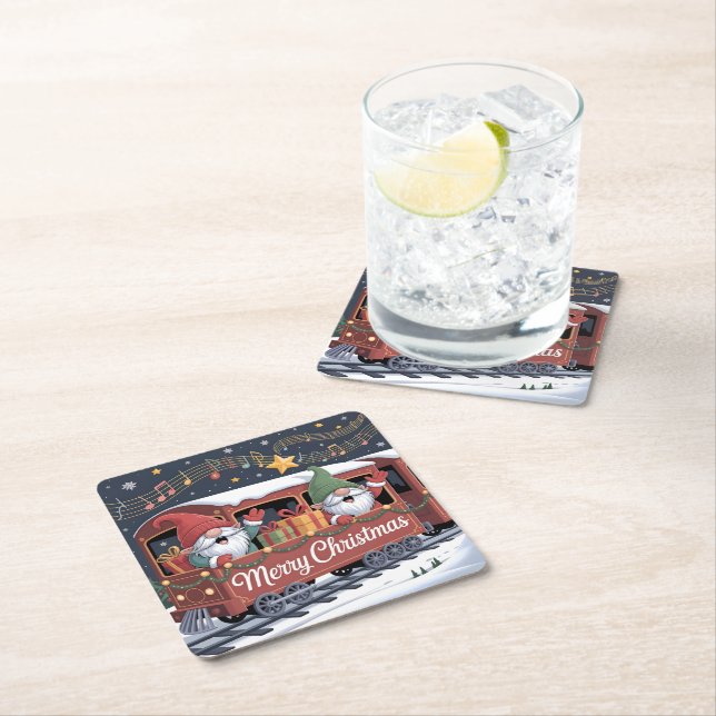 Whimsical Jolly Gnomes Musical Express Rechteckiger Pappuntersetzer (Vor Ort)