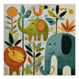 Whimsical Jungle Animals Nursery Wall Art Poster