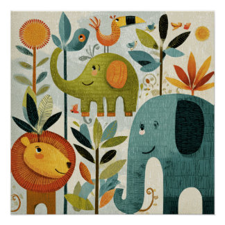 Whimsical Jungle Animals Nursery Wall Art Poster