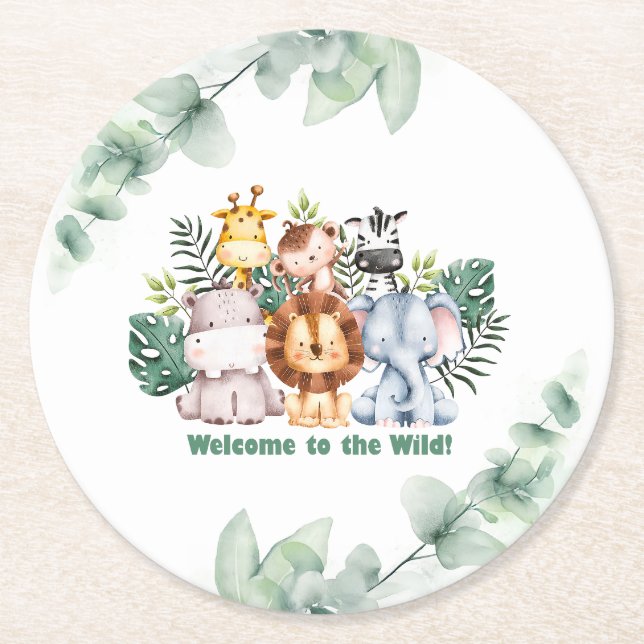 Whimsical Jungle Safari Animal Birthday Runder Pappuntersetzer (Vorderseite)