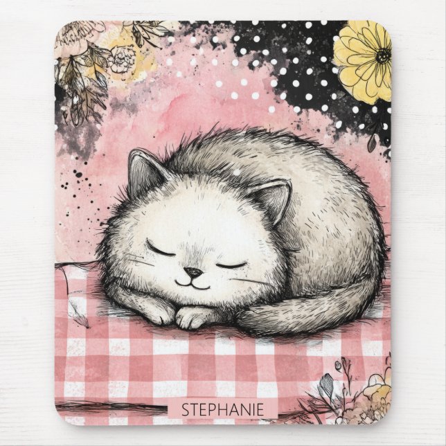 Whimsical Katzen-Blumen-Aquarell-Kunst Mousepad (Vorne)