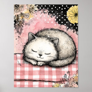 Whimsical Katzen-Blumen-Aquarell-Kunst Poster