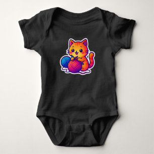 Whimsical Kawaii Cat Knitting Szene mit Oversified Baby Strampler
