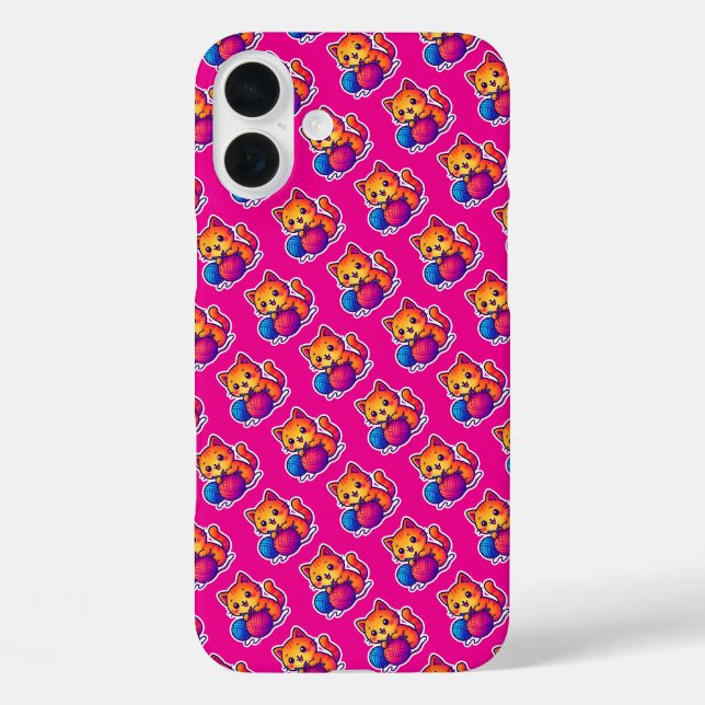 Whimsical Kawaii Cat Knitting Szene mit Oversified iPhone 16 Plus Hülle (Rückseite)