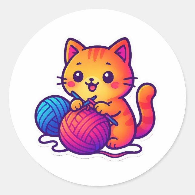 Whimsical Kawaii Cat Knitting Szene mit Oversified Runder Aufkleber (Vorderseite)