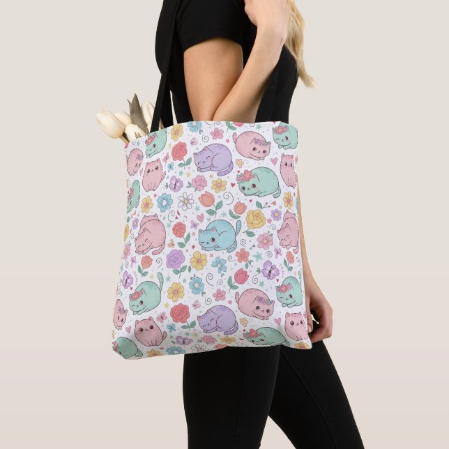 Whimsical Kawaii Pastel Cat and Floral Seamless  Tasche (Von Nahem)