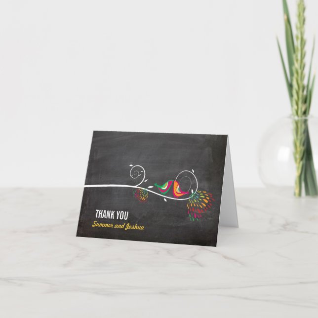 Whimsical Kissing Summer Birds Chalkboard Hochzeit Dankeskarte (Vorderseite)