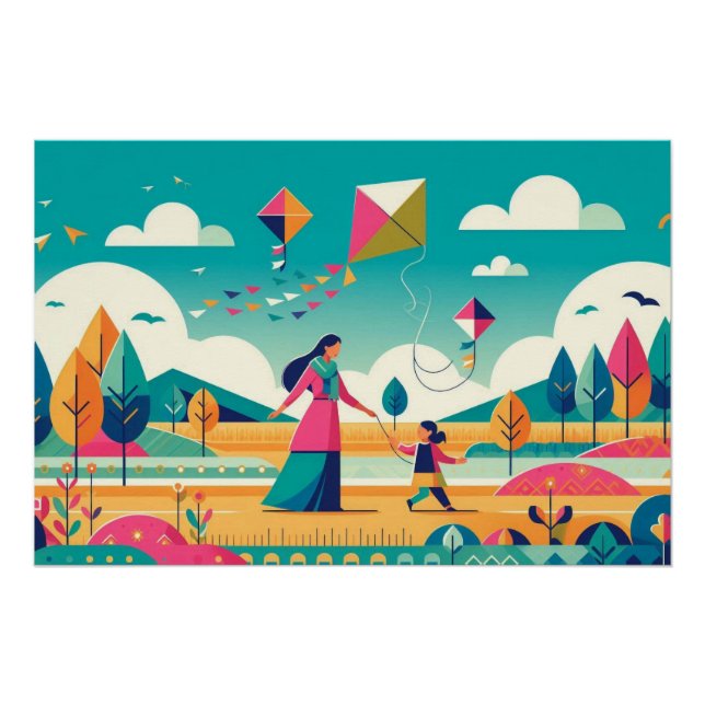 Whimsical Kite Adventure: Mutter und Kind Farbe Poster (Vorderseite)