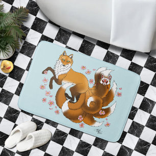Whimsical Kitsune Fuchs Blaue Kirschblüten Fantasy Badematte