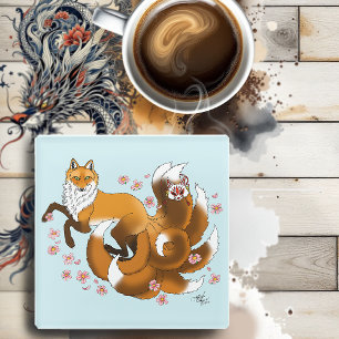 Whimsical Kitsune Fuchs Blaue Kirschblüten Fantasy Glasuntersetzer