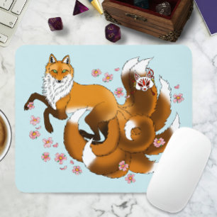 Whimsical Kitsune Fuchs Blaue Kirschblüten Fantasy Mousepad