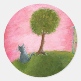 Whimsical Kitty Cat Folk Art Malerei Pink Sky Runder Aufkleber