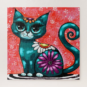 Whimsical Kitty Cat Sitzen auf Rug Floral Aquamari