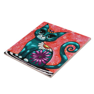 Whimsical Kitty Cat Sitzen auf Rug Floral Aquamari Fliese