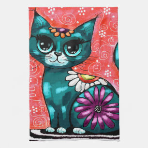 Whimsical Kitty Cat Sitzen auf Rug Floral Aquamari Geschirrtuch