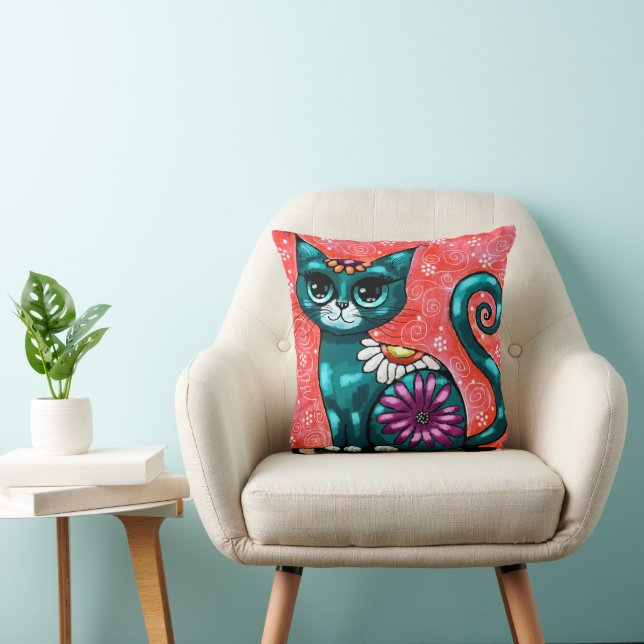 Whimsical Kitty Cat Sitzen auf Rug Floral Aquamari Kissen (Stuhl )