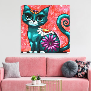 Whimsical Kitty Cat Sitzen auf Rug Floral Aquamari Leinwanddruck