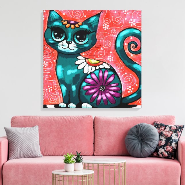 Whimsical Kitty Cat Sitzen auf Rug Floral Aquamari Leinwanddruck (Insitu (Wohnzimmer))