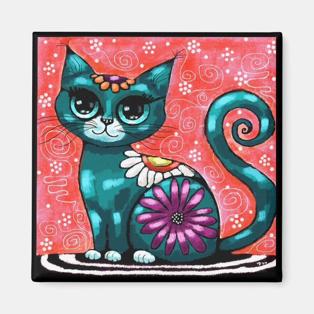 Whimsical Kitty Cat Sitzen auf Rug Floral Aquamari Magnet (Vorne)