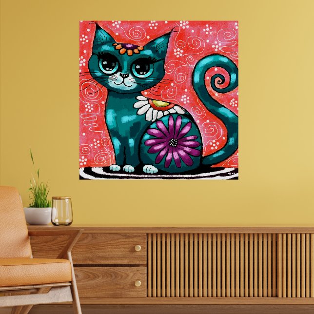 Whimsical Kitty Cat Sitzen auf Rug Floral Aquamari Poster (Wohnzimmer 2)