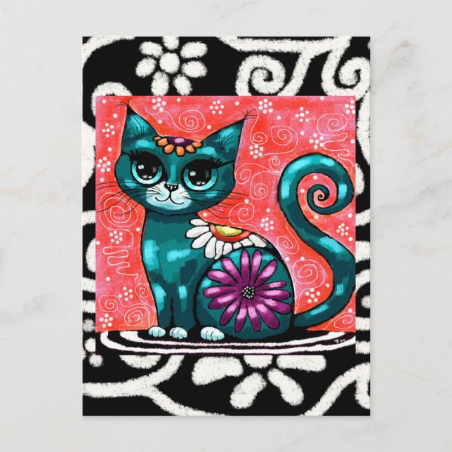 Whimsical Kitty Cat Sitzen auf Rug Floral Aquamari Postkarte (Vorderseite)