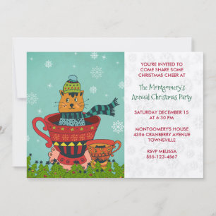 Whimsical Kitty Cat Sitzen in einem Teacup Xmas Pa Einladung