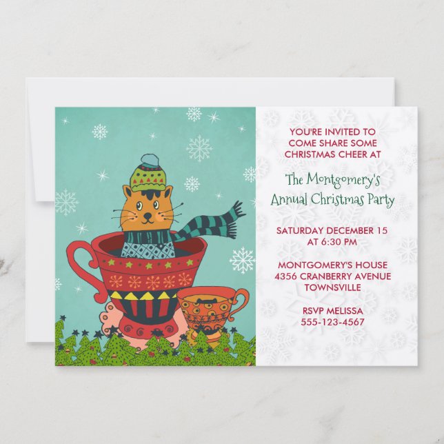 Whimsical Kitty Cat Sitzen in einem Teacup Xmas Pa Einladung (Vorderseite)