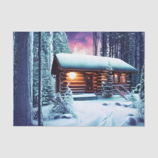 Whimsical kleine rustikale Holzhütte im Wald Seidenpapier (Vorderseite)