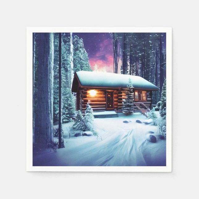 Whimsical kleine rustikale Holzhütte im Wald Serviette (Vorderseite)