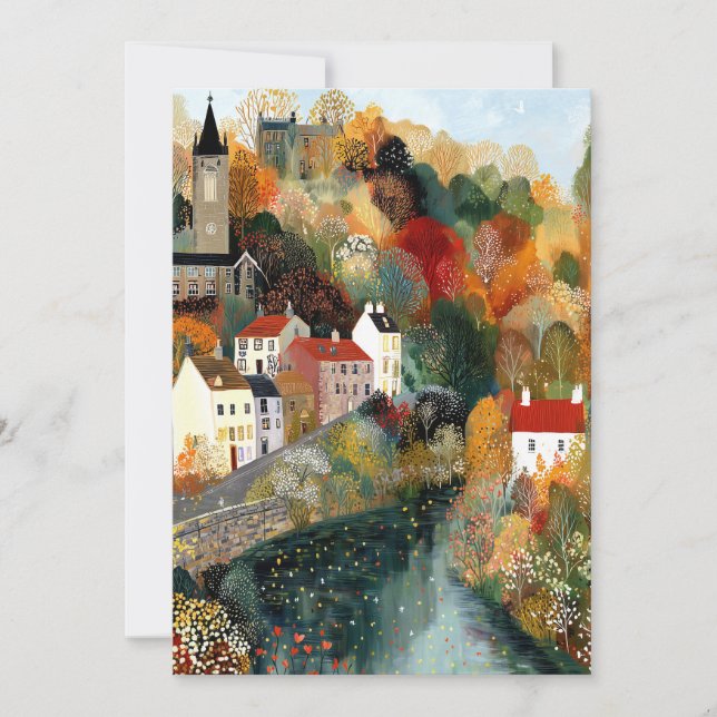Whimsical Kleine Stadt Autumn Szene Hallo Hi Flat Karte (Vorderseite)